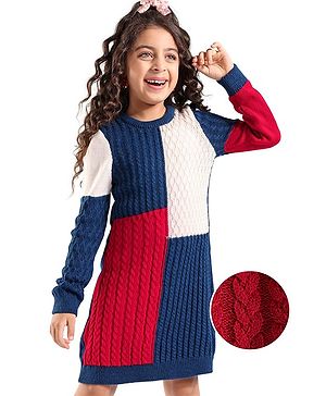 Hola Bonita Knitted Full Sleeves Cable Knit Textured Fabric Sweater Dress -Multicolour