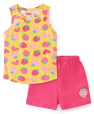 Babyhug 100% Cotton Knit Sleeveless Inner wear Set with Strawberry Print - Multicolour