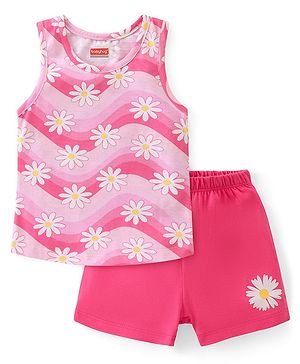 Babyhug 100% Cotton Knit Single Jersey Sleeveless Sando Shorts Set Floral Print - Multicolor