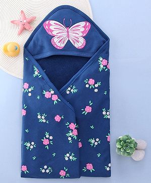 Babyhug Knit Hooded Towel with Floral Print L 76.2 x B 76.2 cm - Navy Blue