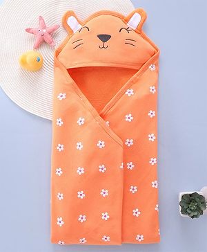 Babyhug Terry Knit Hooded Towel with Floral Print - Orange
