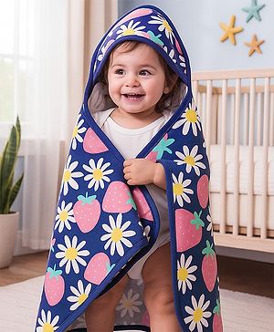 Babyhug Terry Knit Hooded Towel with Floral & Strawberry  Print L 76.2 x B 76.2 cm - Navy Blue