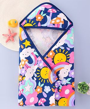 Babyhug  Terry Hooded Towel with Sun & Rainbow Print L 76.2 x B 76.2 cm - Navy Blue