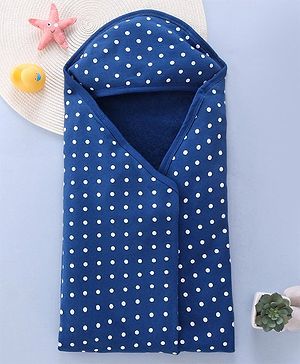 Babyhug Terry Knit Hooded Towel with Polka Dots Print - Navy Blue