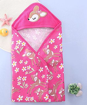 Babyhug Terry Knit Hooded Towel with Floral & Deer Print L 76.2 x B 76.2 cm - Pink