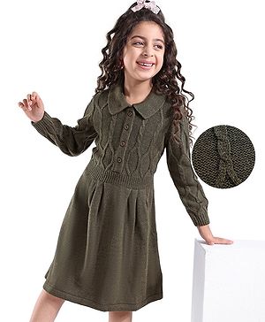 Hola Bonita Knitted Full Sleeves & Collar Neck Cable Knit Sweater Dress - Olive Green