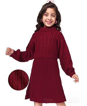 Hola Bonita Full Sleeves Cable Knit Double Layer Sweater Dress -Wine