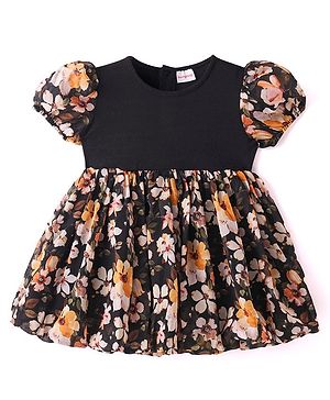 Babyhug Organza Woven Puffed Sleeves Frock With Floral Print - Black