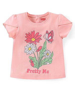 Babyhug Cotton Knit Half Sleeves Top With Floral Graphics - Pink