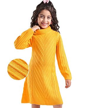 Hola Bonita  Full Sleeves Textured Knit Fabric Turtle Neck  Sweater Dress- Yellow