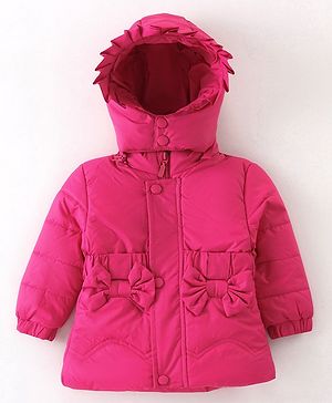 Babyhug Woven Full Sleeves Padded Hooded Winter Jacket with Bow Applique & Pockets - Dark Pink