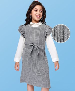 Hola Bonita Full Sleeves Poplin Shirt with Textured Knit Fabric Sweater Dress - Grey