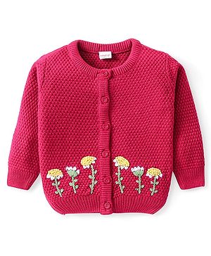Babyhug Knitted Full Sleeves Front Open Sweater With Floral Embroidery Detailing - Fuchsia