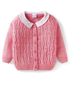 Babyhug Knitted Full Sleeves Front Open Sweater With Peter Pan Collar & Cable Knit Design - Pink