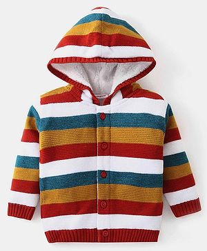 Babyhug Knit Full Sleeves Hooded Striped Sweater  - Multicolour