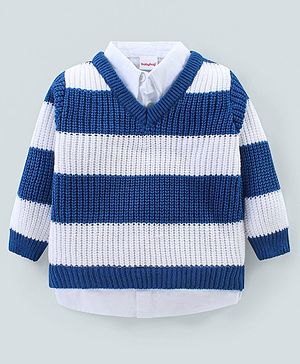 Babyhug Knitted Full Sleeves Collar Neck Pullover Sweater with Stripes Design - White & Blue