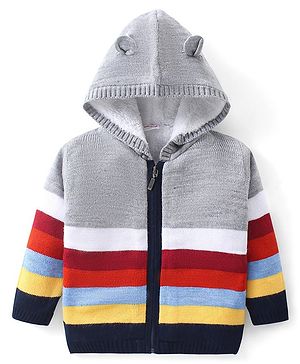 Babyhug Knitted Full Sleeves Striped Front Open Hooded Sweater -Multicolor