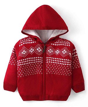Babyhug Knit Full Sleeves Hooded Sweater Aztec Design - Red
