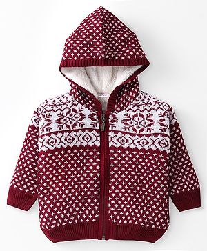 Babyhug Knitted Full Sleeves Front Open Hooded Sweater With Aztec Design - Red