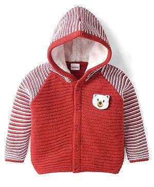 Babyhug Knitted Full Raglan Sleeves Front Open Hooded Sweater With Cable Knit Design - Red