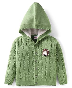 Babyhug Knitted Full Sleeves Front Open Hooded Sweater with Lion Applique - Green