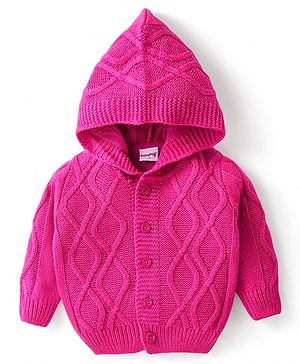 Babyhug Knitted Full Sleeves Front Open Hooded Sweater with Cable Knit Design - Pink