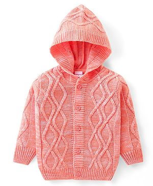 Babyhug Knit Full Sleeves Front Open Hooded Sweater with Cable Knit Design - Orange