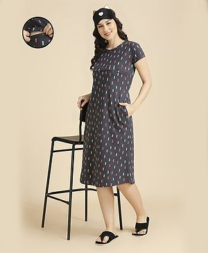 MomToBe Full Sleeves Abstract  Printed Maternity Dress With Concealed Zipper Nursing Access - Grey