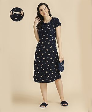 MomToBe Full Sleeves Leaves  Printed Maternity Dress With Concealed Zipper Nursing Access - Blue