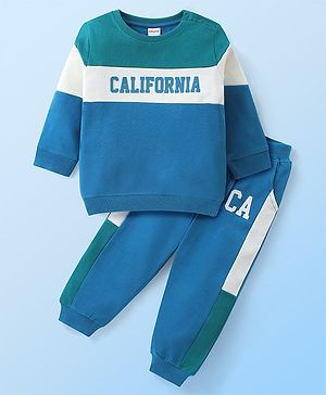 Babyhug Terry Jogger Full Sleeves Cut &  Sew T-Shirt & Jogger with Text Print - Blue