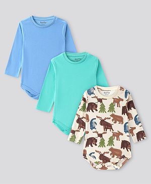 Bonfino 100% Cotton Knit Full Sleeves Solid & Animal Printed Onesies Pack Of 3 - Aqua Blue & White