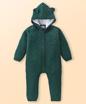 Babyhug Knit Full Sleeves Hooded Cable Knit Designed Winter Wear Romper with 3D Applique - Dark Green