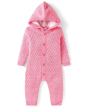 Babyhug Sweater Knit Full Sleeves Hooded  Winter Romper - Pink