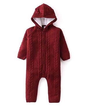 Babyhug Knit Full Sleeves Hooded Romper - Maroon