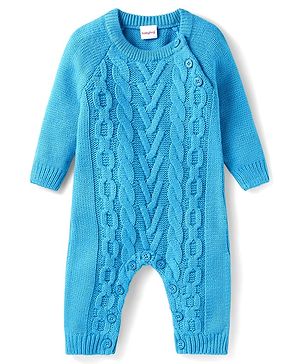Babyhug Sweater Knit Full Raglan Sleeves Winter Romper with Cable Knit Design - Light Blue