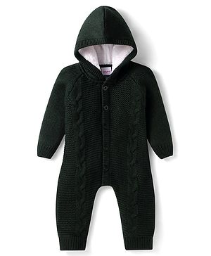 Babyhug Sweater Knit Full Raglan Sleeves Hooded  Winter Romper with Cable Knit Design - Dark Green
