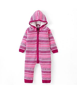 Babyhug Knit Full Raglan Sleeves Winter Wear Hooded Romper with Chevron Design - Pink