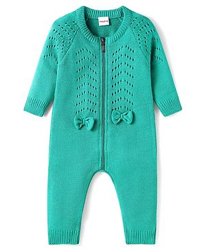 Babyhug Knit Full Raglan Sleeves Winter Wear Romper with Cable Knit Design & Bow Applique - Green