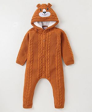 Babyhug Knit Full Raglan Sleeves Winter Wear Hooded Romper with Cable Knit Design & Bear Applique - Light Brown