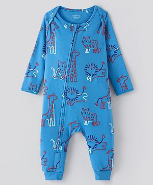 Bonfino 100% Cotton Knit Full Sleeves Animals Printed Romper - Blue