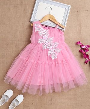 The Magic Wand Sleeveless Net Flower Embroidered Patch Dress - Pink