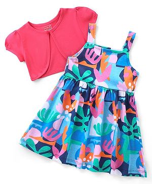 Babyhug Single Jersey Knit Frock with Half Sleeves Shrug & Floral Print - Blue & Pink