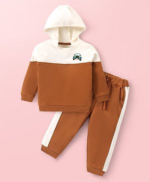 Babyhug Cotton Knit Full Sleeves Hooded Color Block T-Shirt Lounge Pants Set With Jeep Print - Brown & White