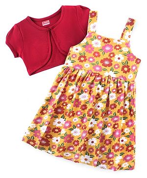 Babyhug Single Jersey Knit Half Puffed Sleeves Floral Printed Frock with Shrug - Red & Yellow