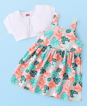 Babyhug Single Jersey Knit Half Sleeves Shrug with Tropical Theme Frock - Multicolor