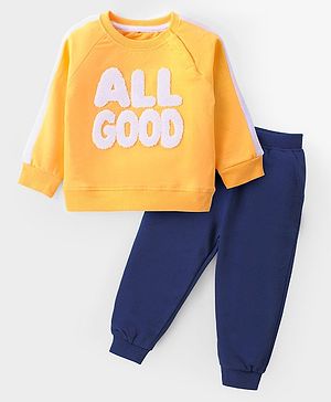 Babyhug Cotton Knit Raglan Sleeves T-Shirt & Lounge Pants Set With Text Embroidery - Yellow & Blue