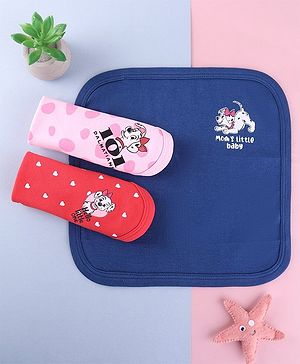 Babyhug Disney Interlock Knit Hands and Face Towel With 101 Dalmatians Graphic Pack of 3 L 28 x B 28 cm - Red Pink & Blue