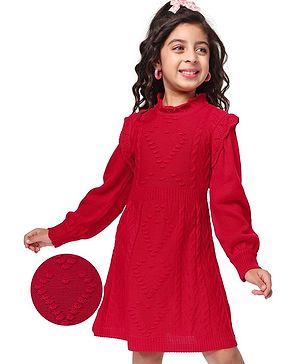 Hola Bonita Knitted Full Sleeves Solid Color Winter Frock with Cable Knit Design  - Red