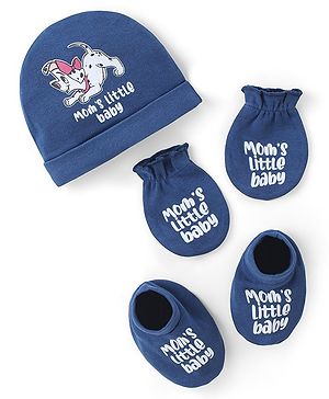 Babyhug Disney Cotton Knit Cap Mittens & Booties Set with 101 Dalmatians Graphics - Blue