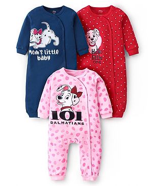 Babyhug Disney Cotton Knit Full Sleeves 101 Dalmatians Graphic Rompers Pack of 3 - Red Blue & Pink
